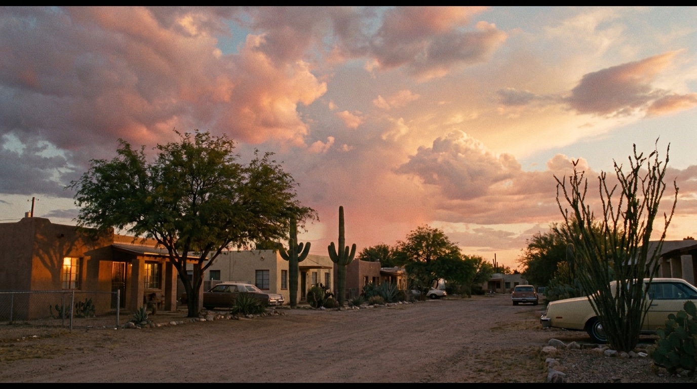 Concept art of a southwest Tucson street under a monsoon sunset